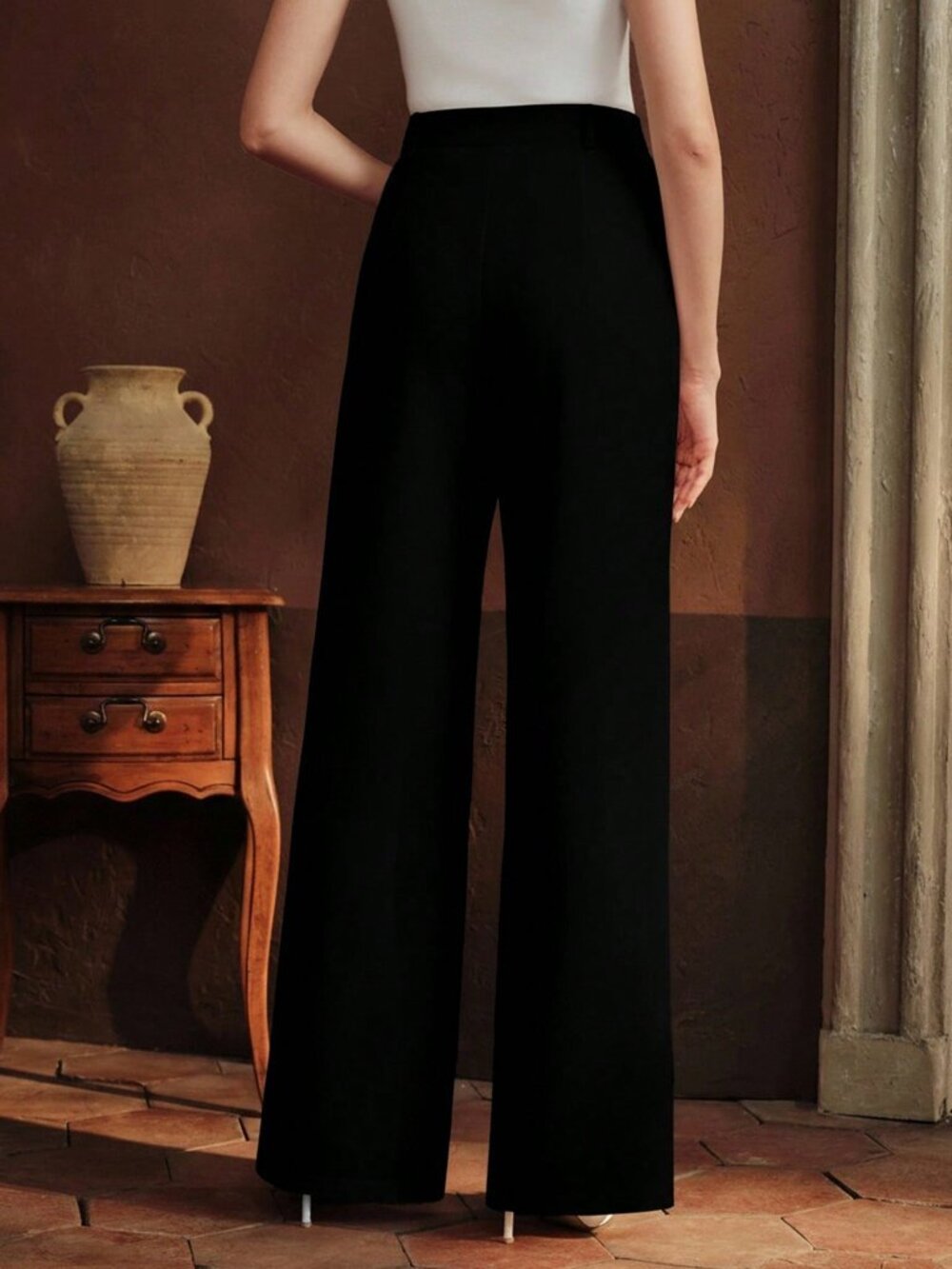 Black Casual Women's Elegant Rhinestone Pocket Zipper Fly Flared Leg Pants - Picture 2 of 7